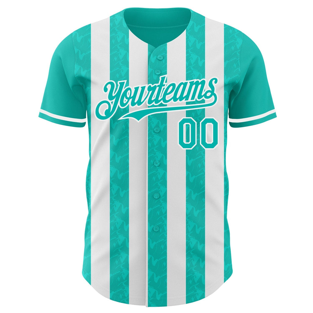 Custom Aqua-White Classic Vertical Stripe Fluid Liquid Texture Authentic Baseball Jersey