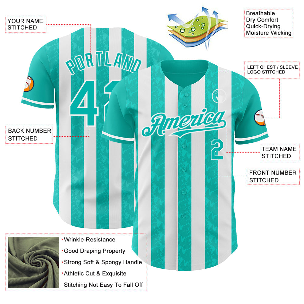 Custom Aqua-White Classic Vertical Stripe Fluid Liquid Texture Authentic Baseball Jersey