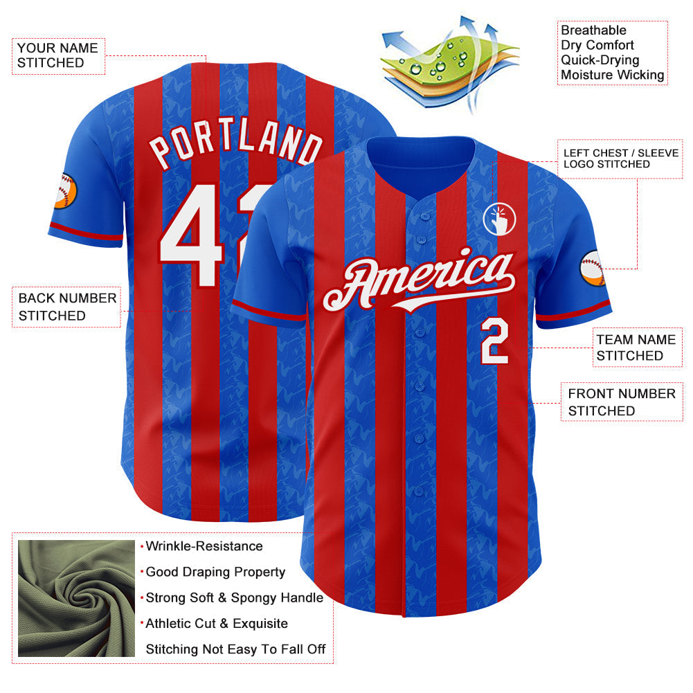 Custom Thunder Blue White-Red Classic Vertical Stripe Fluid Liquid Texture Authentic Baseball Jersey