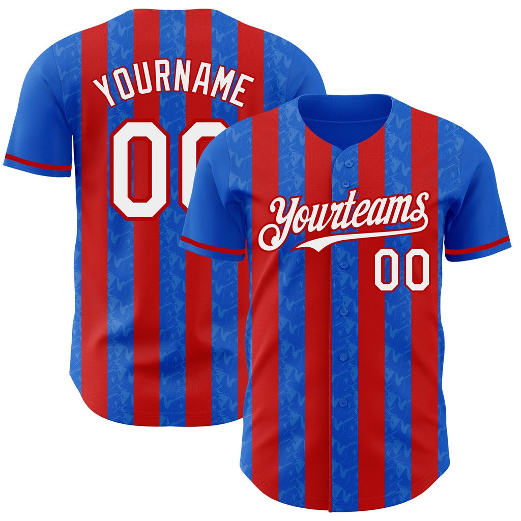 Custom Thunder Blue White-Red Classic Vertical Stripe Fluid Liquid Texture Authentic Baseball Jersey