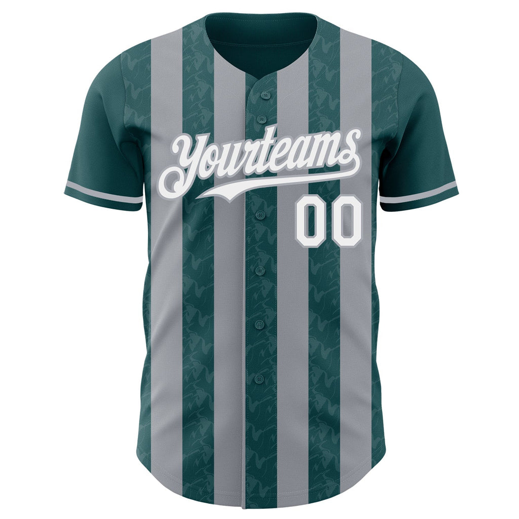 Custom Midnight Green White-Gray Classic Vertical Stripe Fluid Liquid Texture Authentic Baseball Jersey