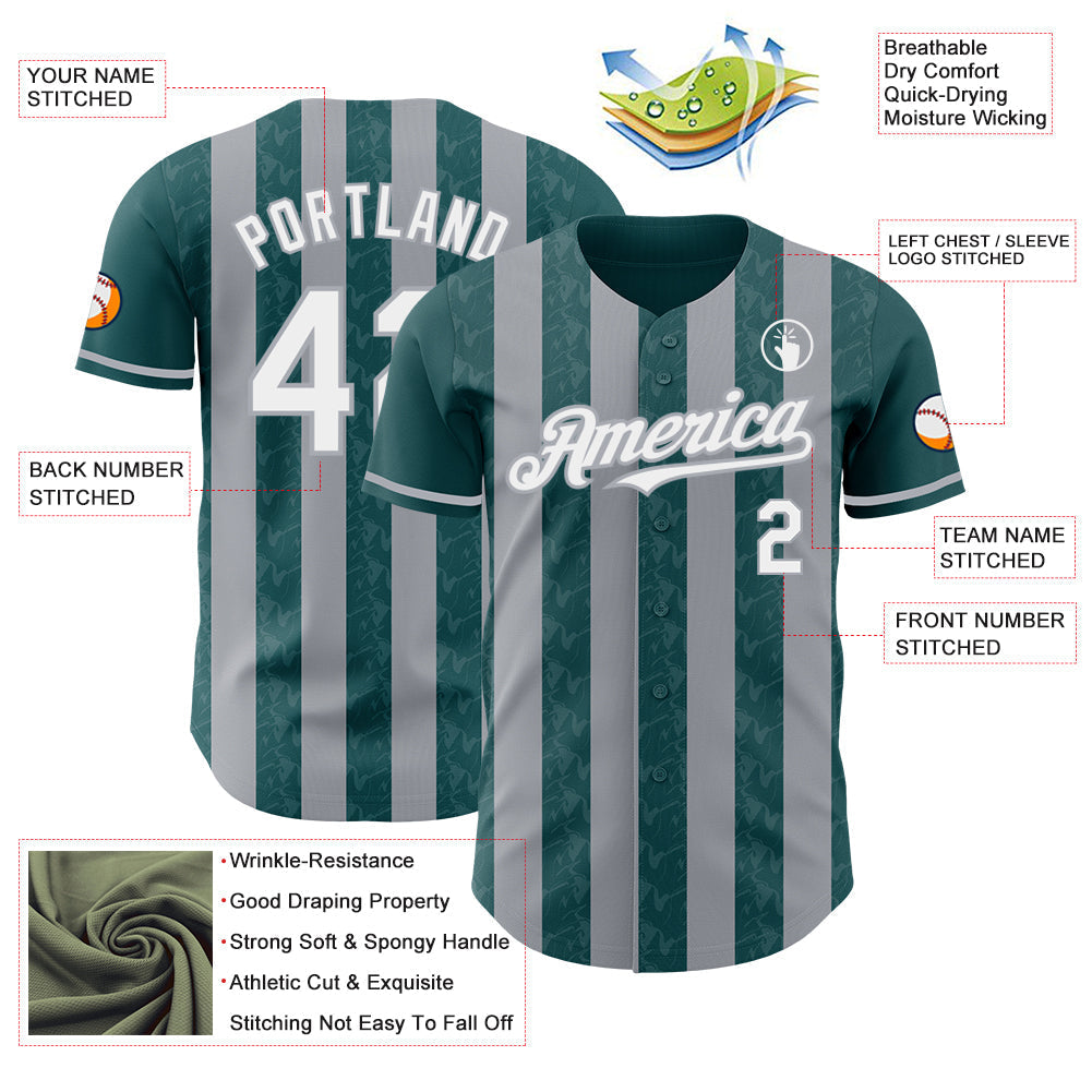Custom Midnight Green White-Gray Classic Vertical Stripe Fluid Liquid Texture Authentic Baseball Jersey