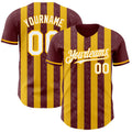 Custom Burgundy White-Gold Classic Vertical Stripe Fluid Liquid Texture Authentic Baseball Jersey