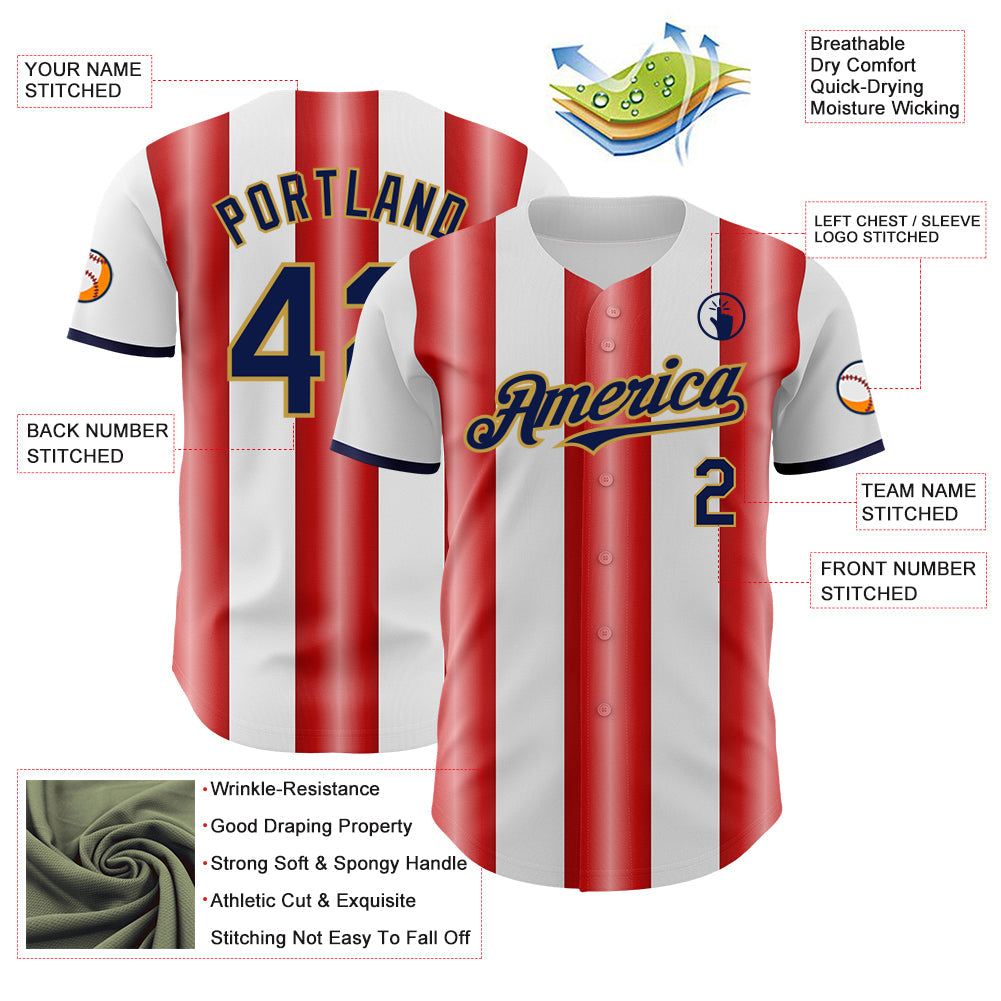 Custom White Navy Red-Old Gold Gradient Vertical Stripe Argentina Style Authentic Baseball Jersey