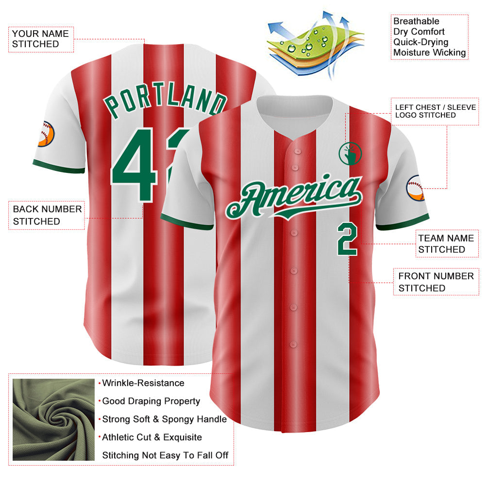 Custom White Kelly Green-Red Gradient Vertical Stripe Argentina Style Authentic Baseball Jersey