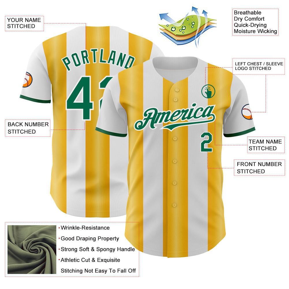 Custom White Kelly Green-Gold Gradient Vertical Stripe Argentina Style Authentic Baseball Jersey