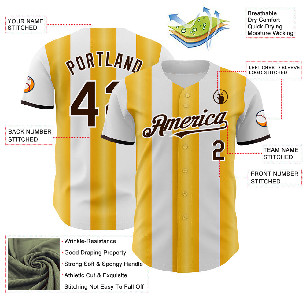 Custom White Brown-Gold Gradient Vertical Stripe Argentina Style Authentic Baseball Jersey