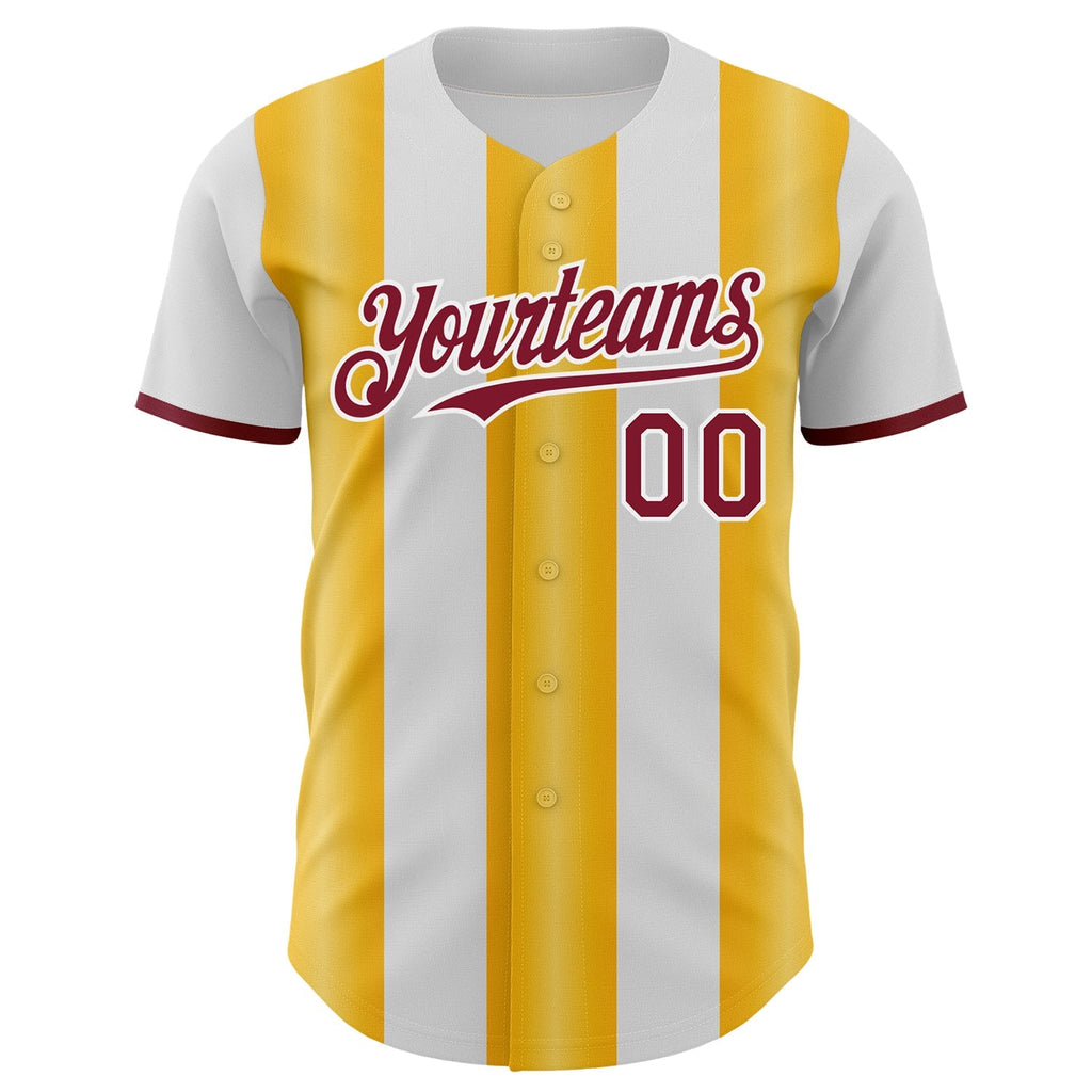 Custom White Crimson-Gold Gradient Vertical Stripe Argentina Style Authentic Baseball Jersey