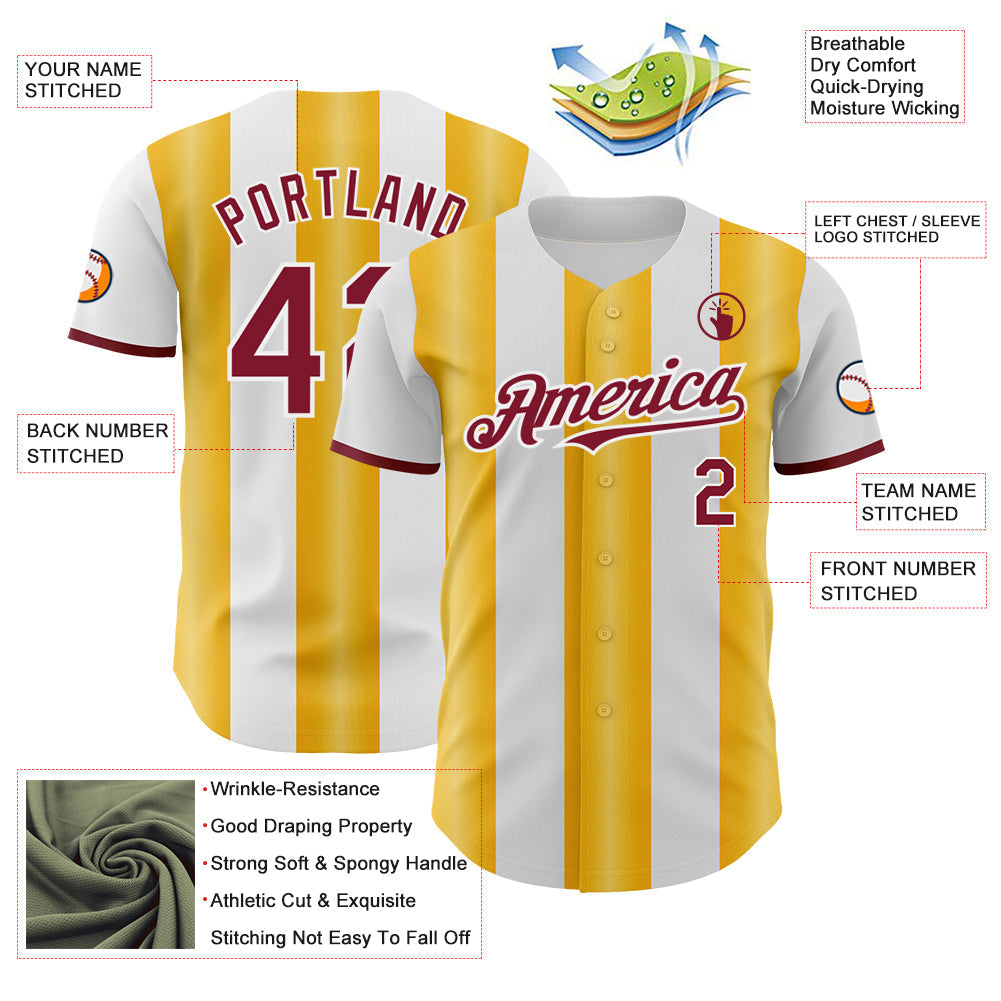 Custom White Crimson-Gold Gradient Vertical Stripe Argentina Style Authentic Baseball Jersey