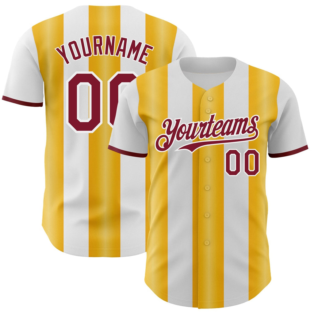 Custom White Crimson-Gold Gradient Vertical Stripe Argentina Style Authentic Baseball Jersey