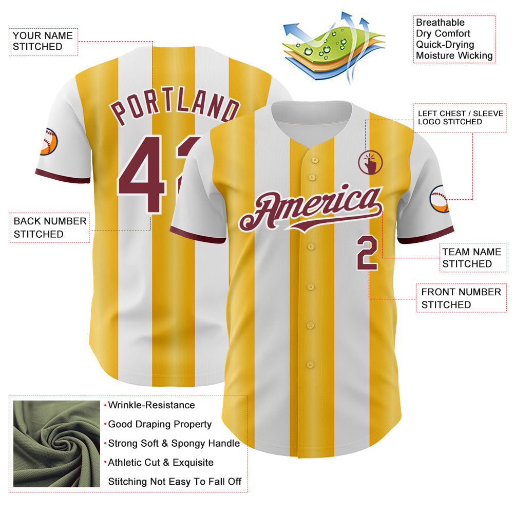 Custom White Burgundy-Gold Gradient Vertical Stripe Argentina Style Authentic Baseball Jersey