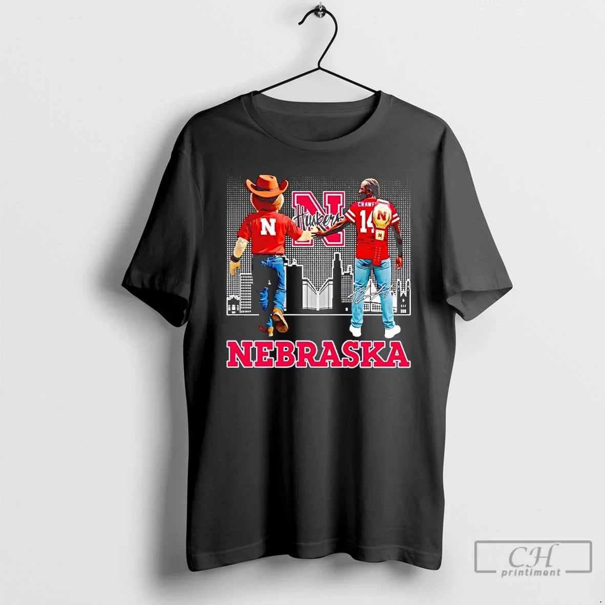 Premium Herbie Husker And Crawford Nebraska Cornhuskers City Skyline Signature T Shirts