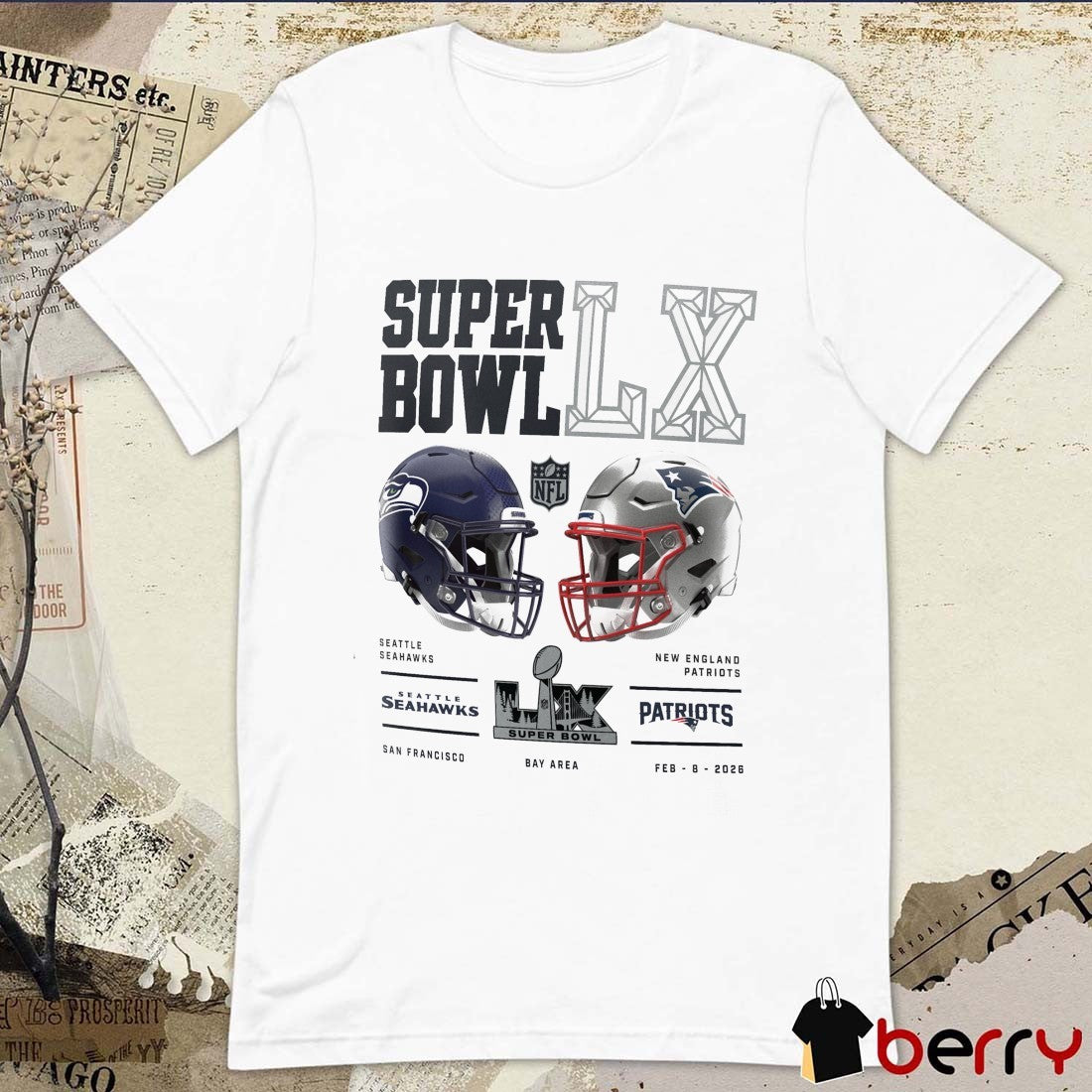 New England Patriots vs. Seattle Seahawks Super Bowl LX Dueling Helmets t-shirt