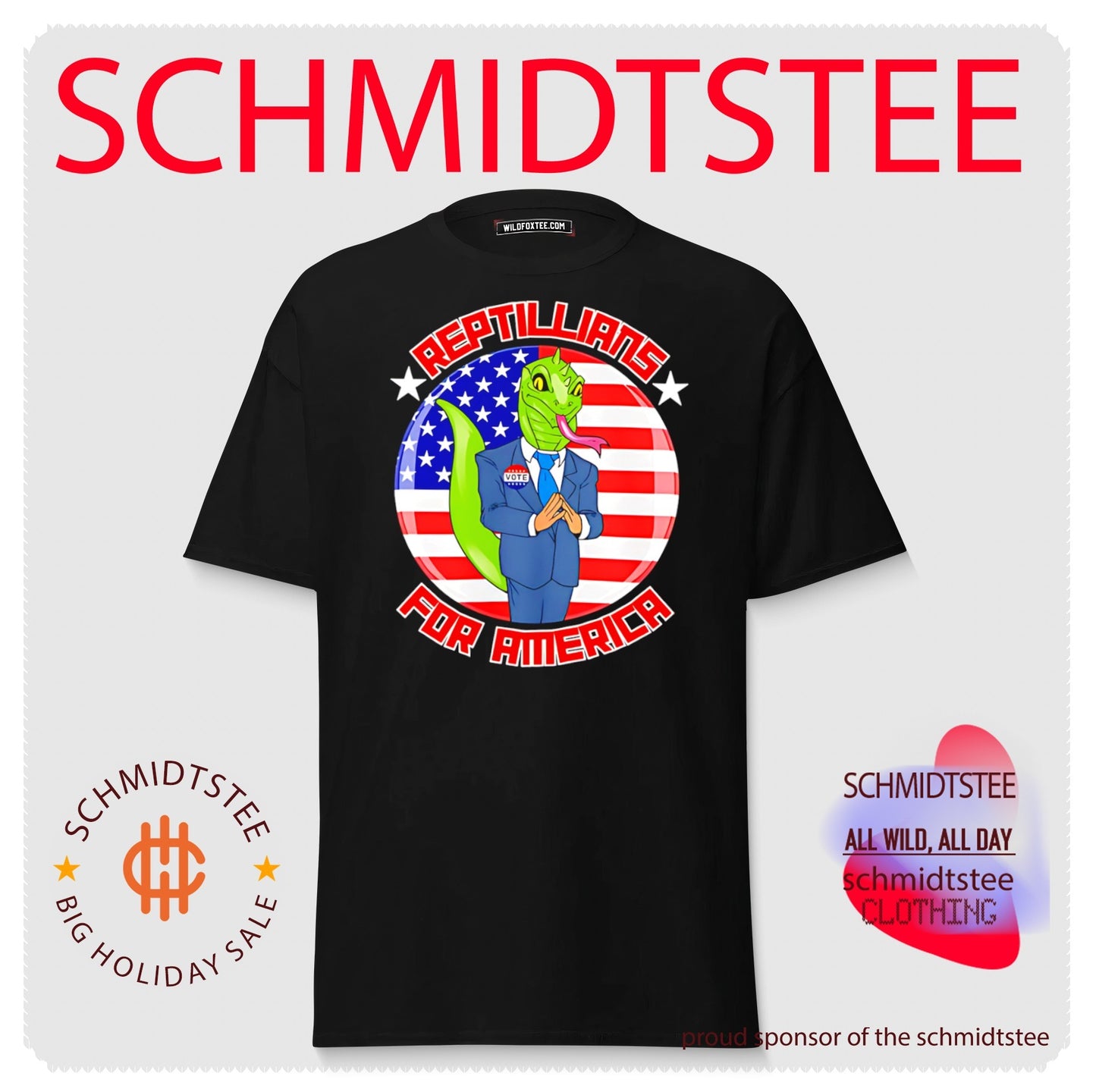 Reptillians for America with flag and lizard in suit shirt
