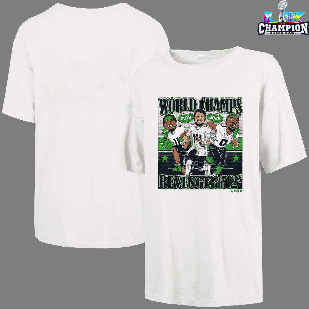 Sam Darnold Jaxon Smith-Njigba And DeMarcus Lawrence World Champions Revenge Of The 12s Seattle Seahawks Super Bowl LX 2026 Caricatures Shirts