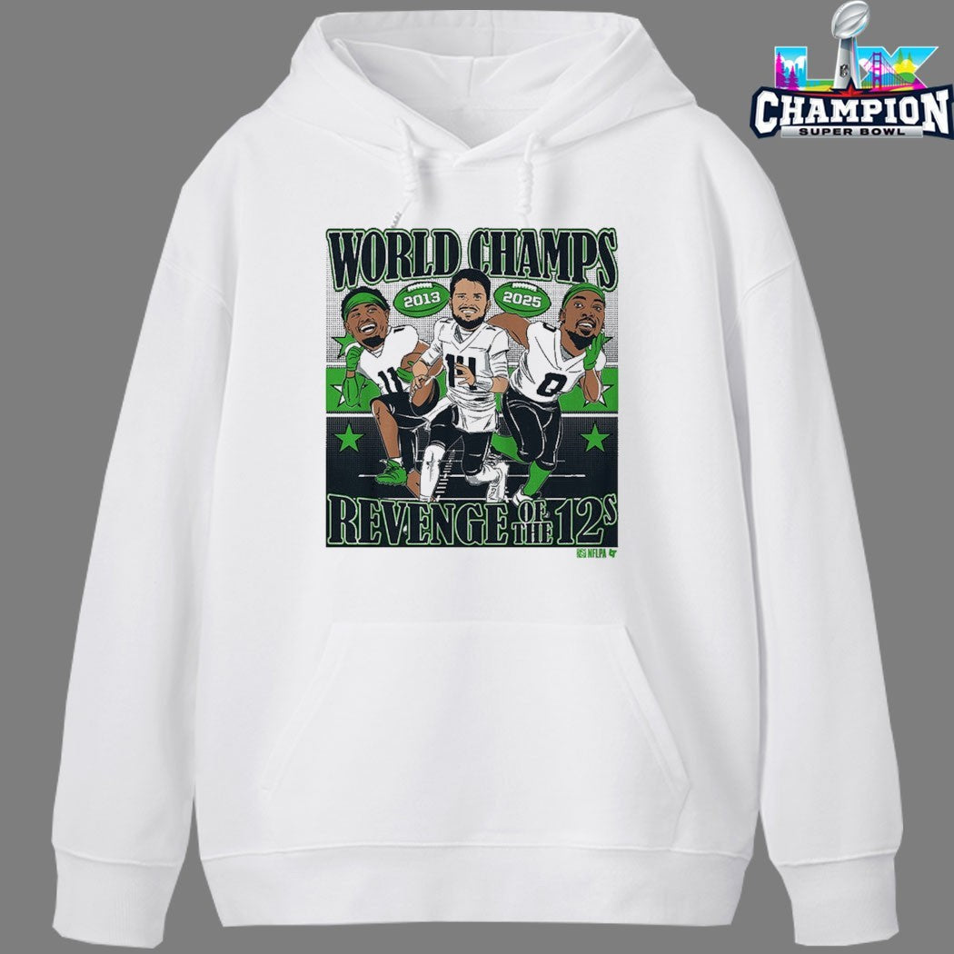 Sam Darnold Jaxon Smith-Njigba And DeMarcus Lawrence World Champions Revenge Of The 12s Seattle Seahawks Super Bowl LX 2026 Caricatures Shirts