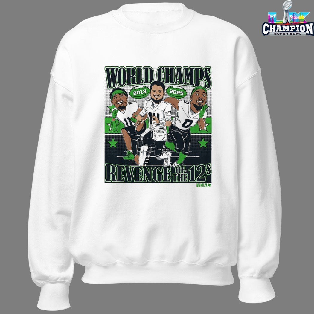 Sam Darnold Jaxon Smith-Njigba And DeMarcus Lawrence World Champions Revenge Of The 12s Seattle Seahawks Super Bowl LX 2026 Caricatures Shirts