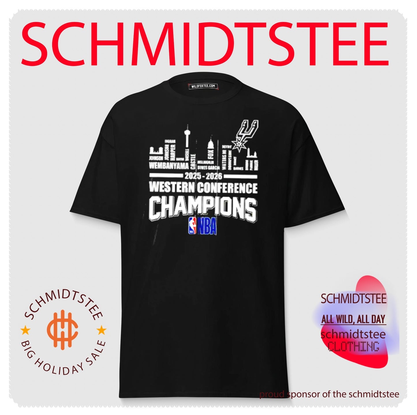 San Antonio Spurs 2025-26 NBA Finals Western Conference Champions player name skyline shirt