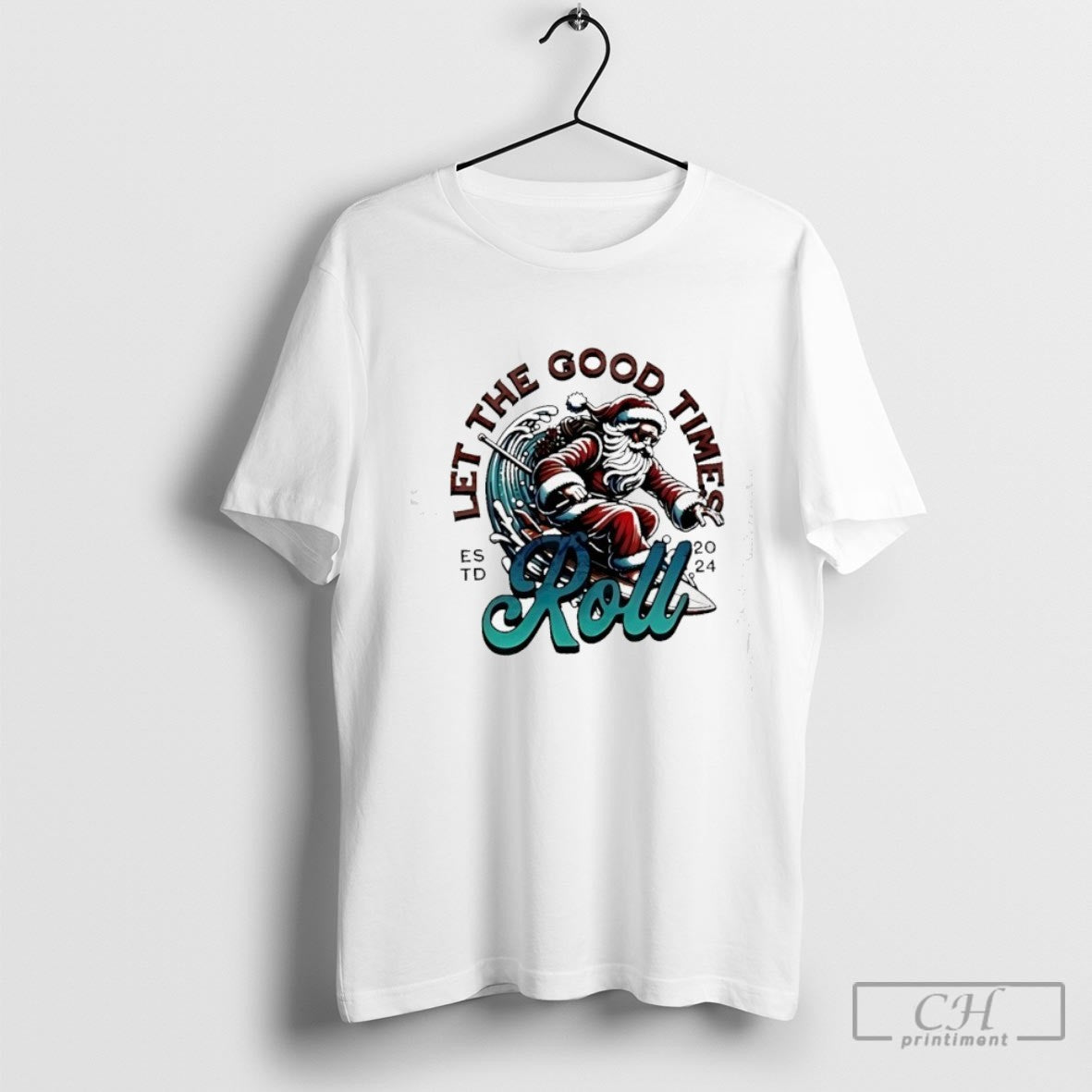 Santa Surfing Let The Good Time Rol Est 2024 Christmas Shirt Sweater
