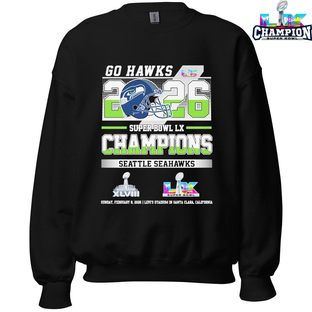 Seattle Seahawks Go Hawks Super Bowl Lx Champions 2026 Helmet Score T-shirts