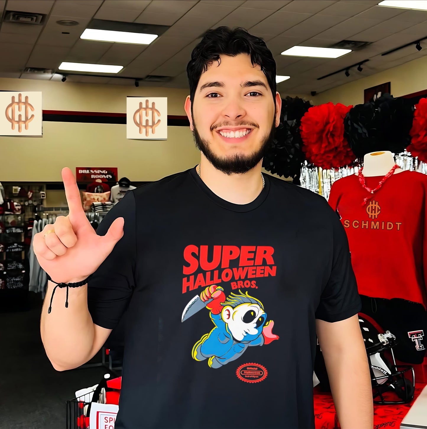 Super Halloween Bros features Super Mario Bros shirt