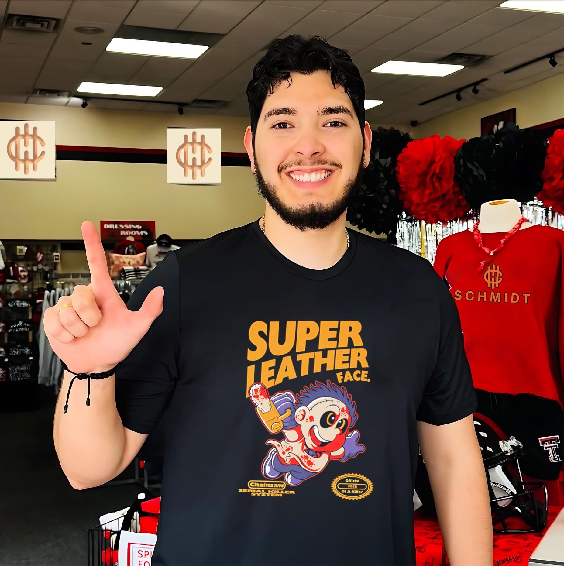 Super Leather Face The Texas Chain Saw Massacre features Super Mario Bros shirt