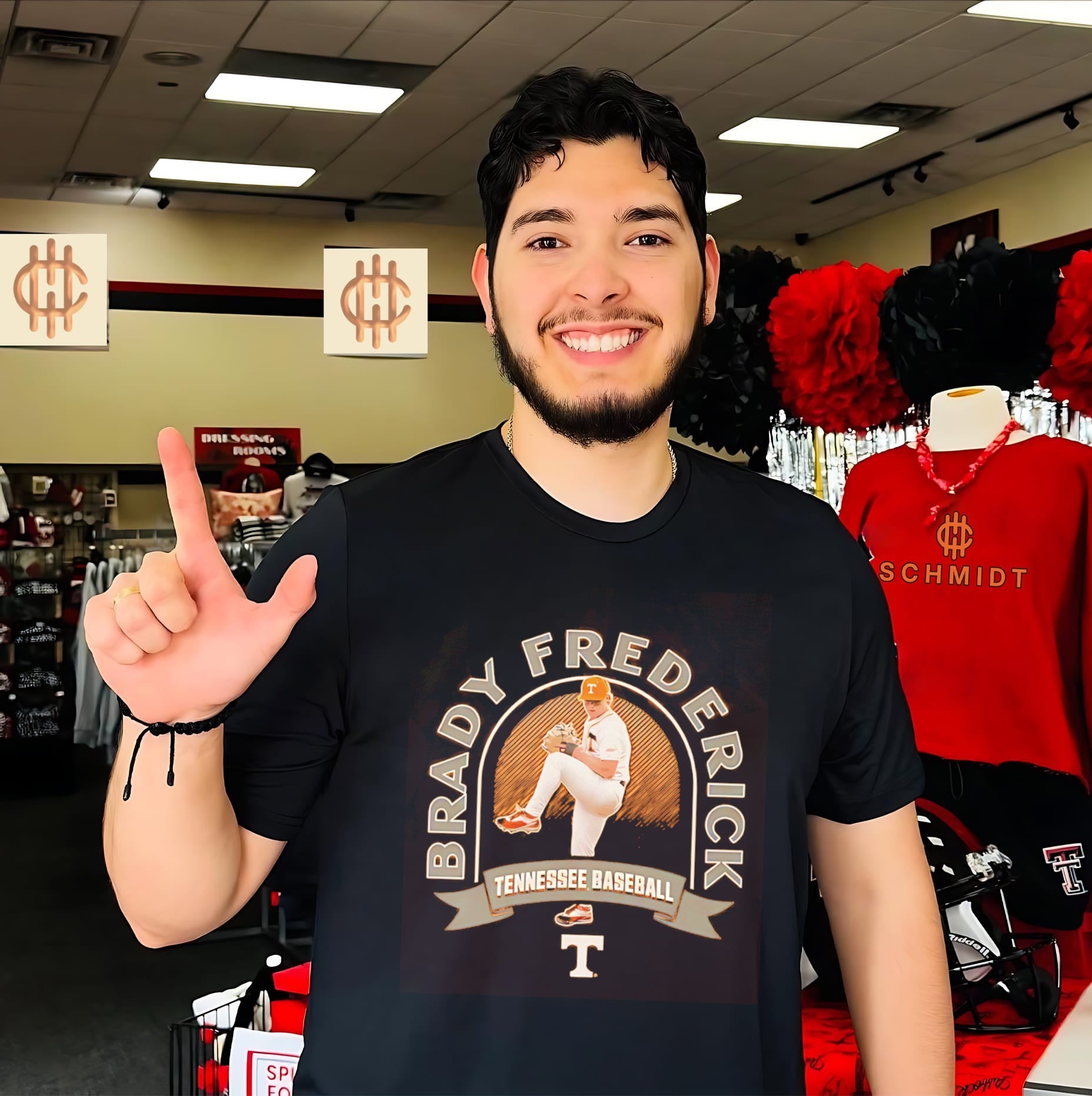 Tennessee Brady Frederick leg lift pose shirt