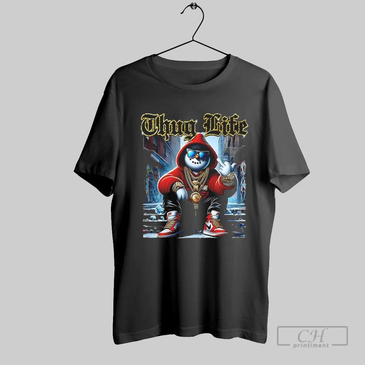 Thug Life Christmas Santa Sitting On Stairs Style T Shirt