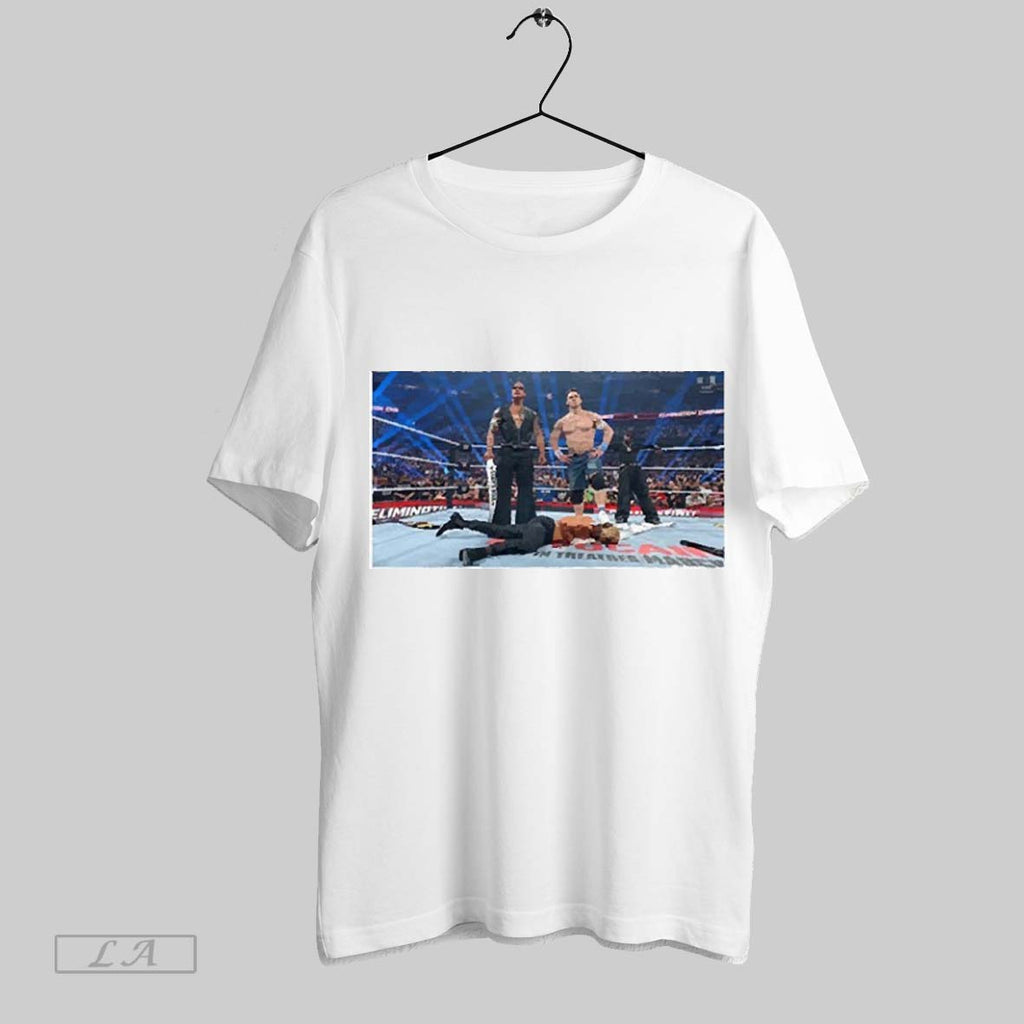 Top The Rock John Cena Standing Above Cody Rhodes 2025 T Shirt