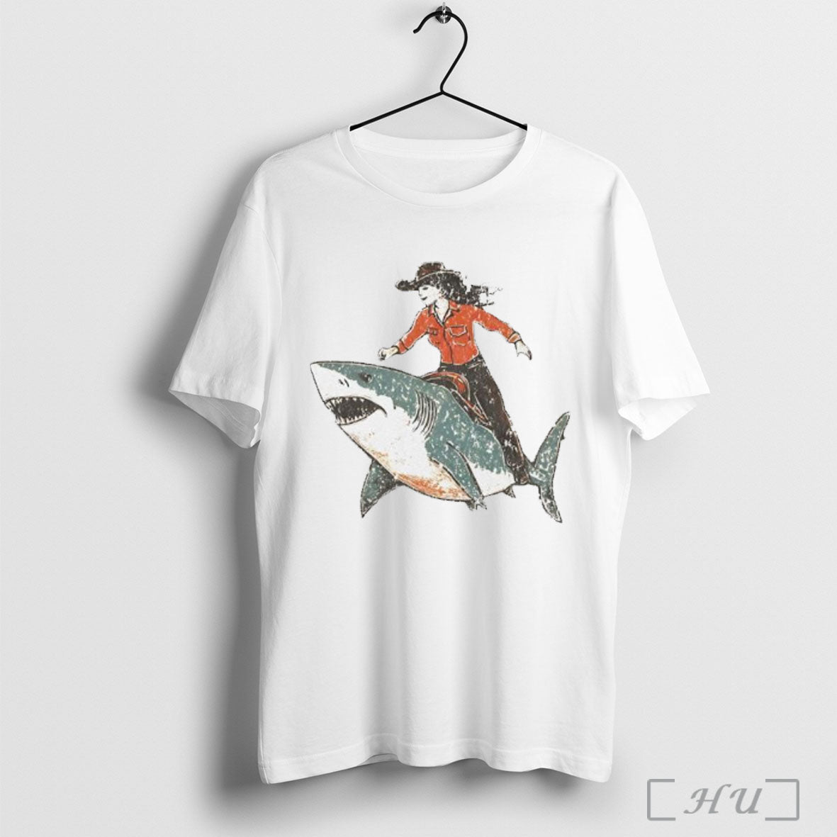 Western Cowgirl Riding Shark Vintage T Shirt