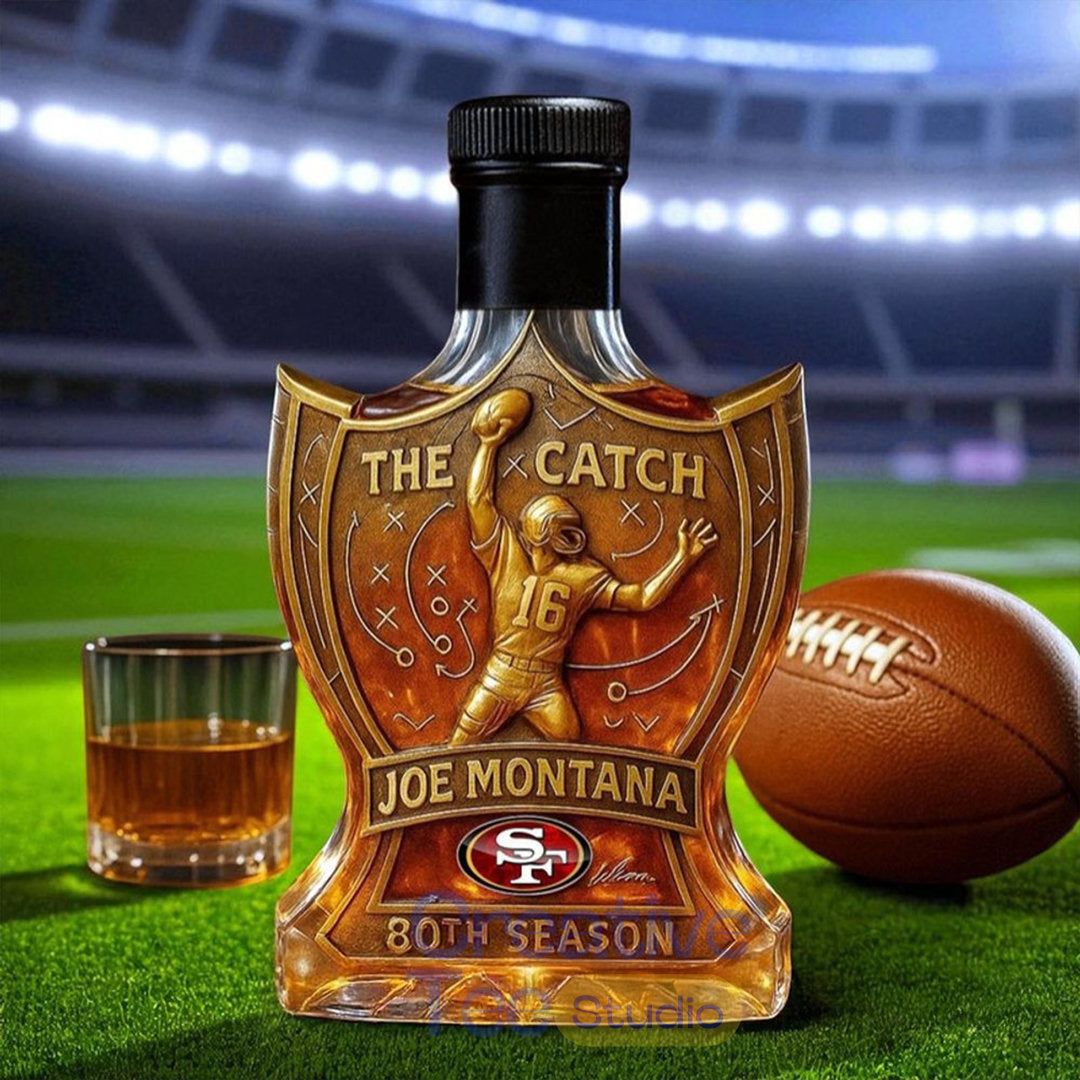 San Francisco 49ers Joe Montana the Catch Legendary Football Moment 80th Anniversary Whiskey Bottle