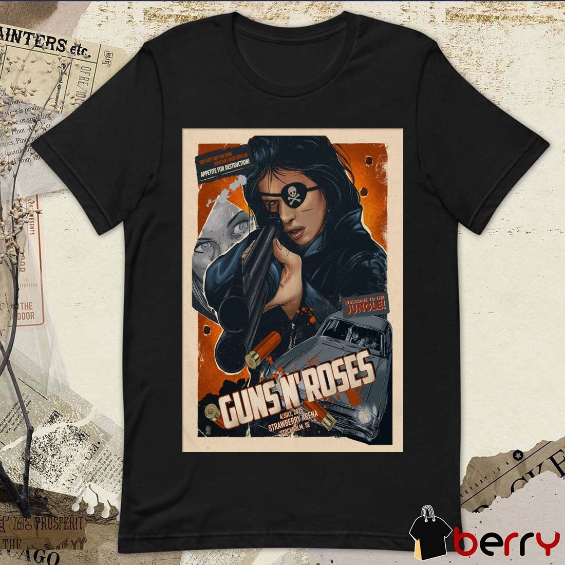 Poster Guns N’ Roses Stockholm SE Tour 2025 July 4 Strawberry Arena Welcome To The Jungle t-shirt