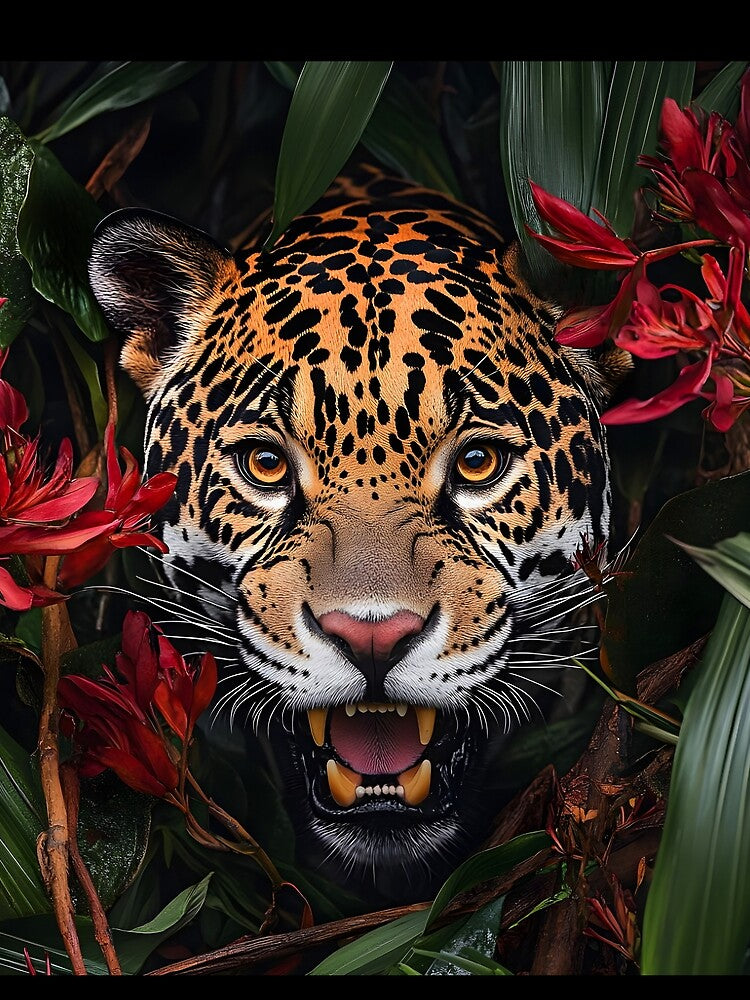 A Jaguar prowling in the Forest with flowers - Wildlife portrait by TheArtistOf2022