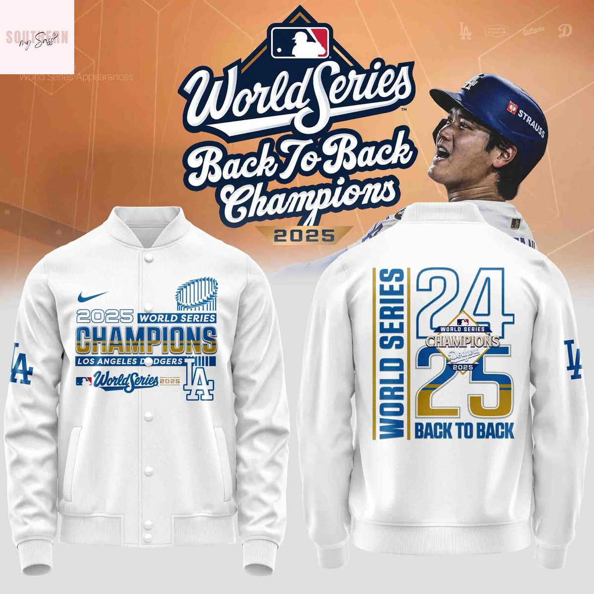 Los Angeles Dodgers 2025 Back To Back World Series Champions Baseball Jacket – White