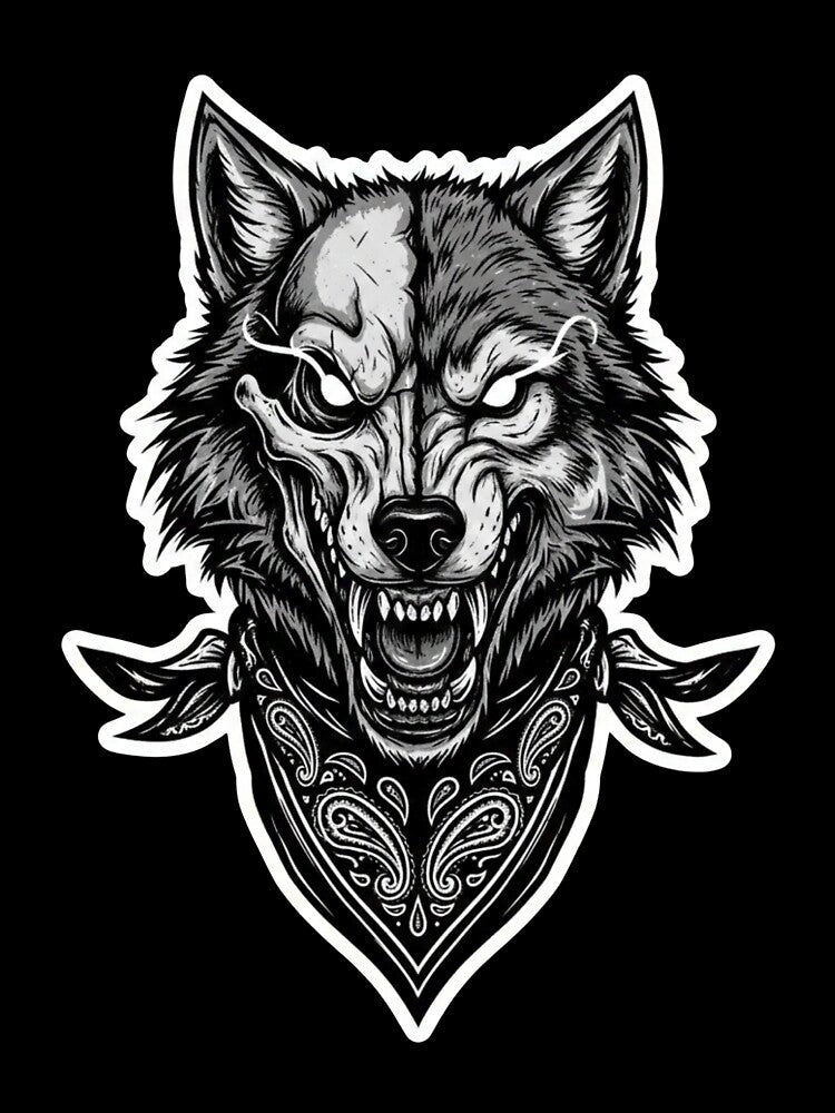 Ferocious Wolf Skull Bandana – Dark Tattoo Style Sticker by Ayarachi