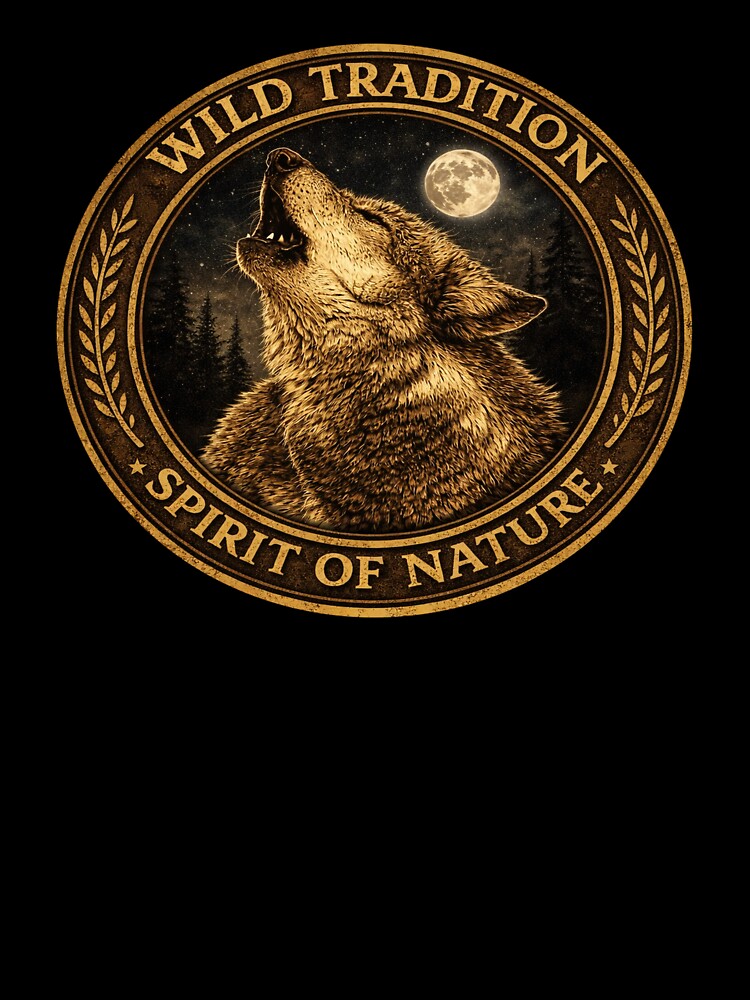 Wolf Spirit of Nature Vintage Emblem – Wild Tradition Moon Howling Wolf Vintage Badge Print by WildTradition
