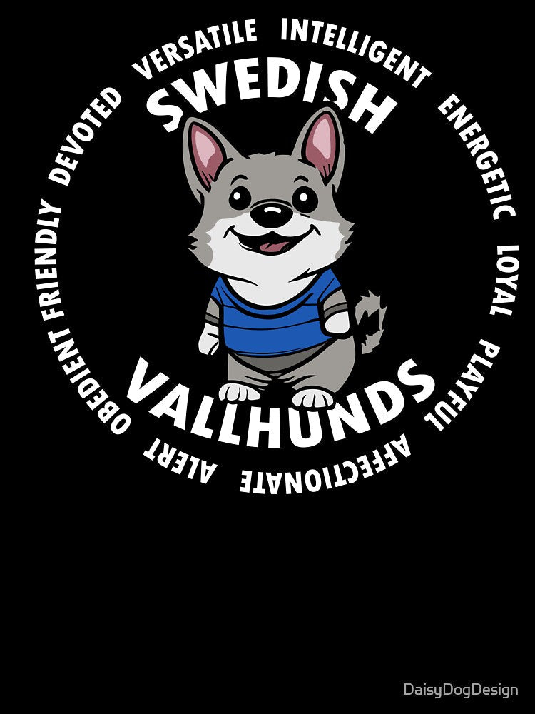Swedish Vallhund characteristics fun cartoon; White font by DaisyDogDesign