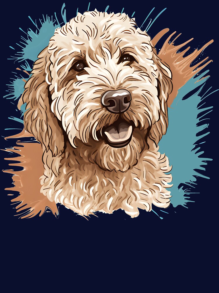 Cream Colored Labradoodle with Blue and Tan Paint Splatters by PoodleDoodles4U