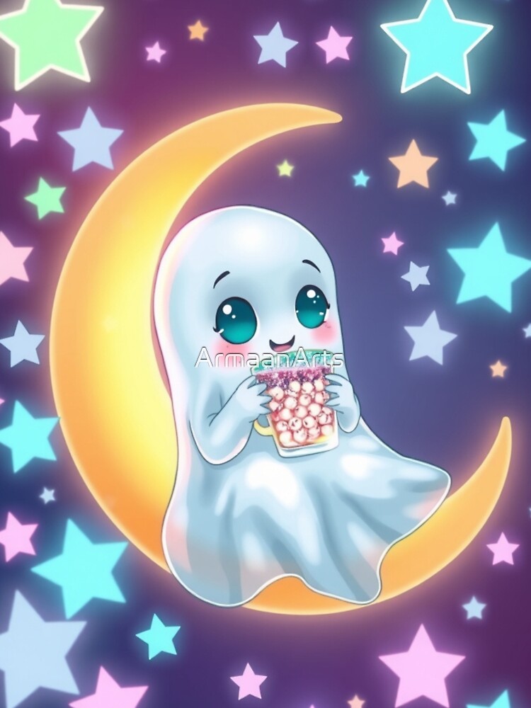 Kawaii Ghost Sitting on Moon with Candy by ArmaanArts