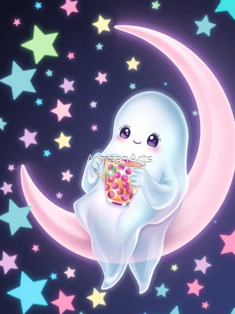 Pastel Halloween Kawaii Ghost on Moon by ArmaanArts