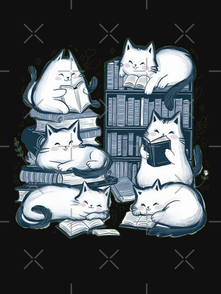 cute funny white cat pattern cheerful  cats in the library cabinet with books they read,aesthetic cat art,funny cat,Cat Lover,cute cat,cat pattern by Expressions-Sel