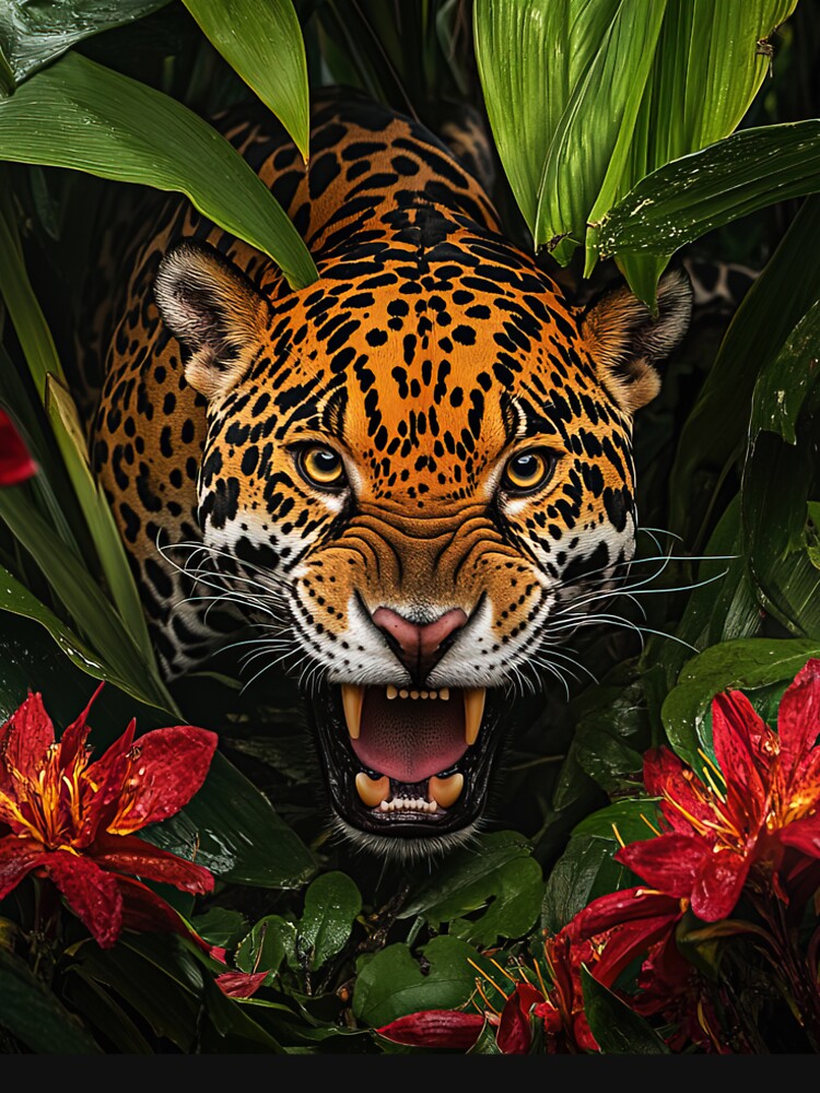 A Jaguar prowling in the Forest with flowers - Wildlife portrait 2 by TheArtistOf2022