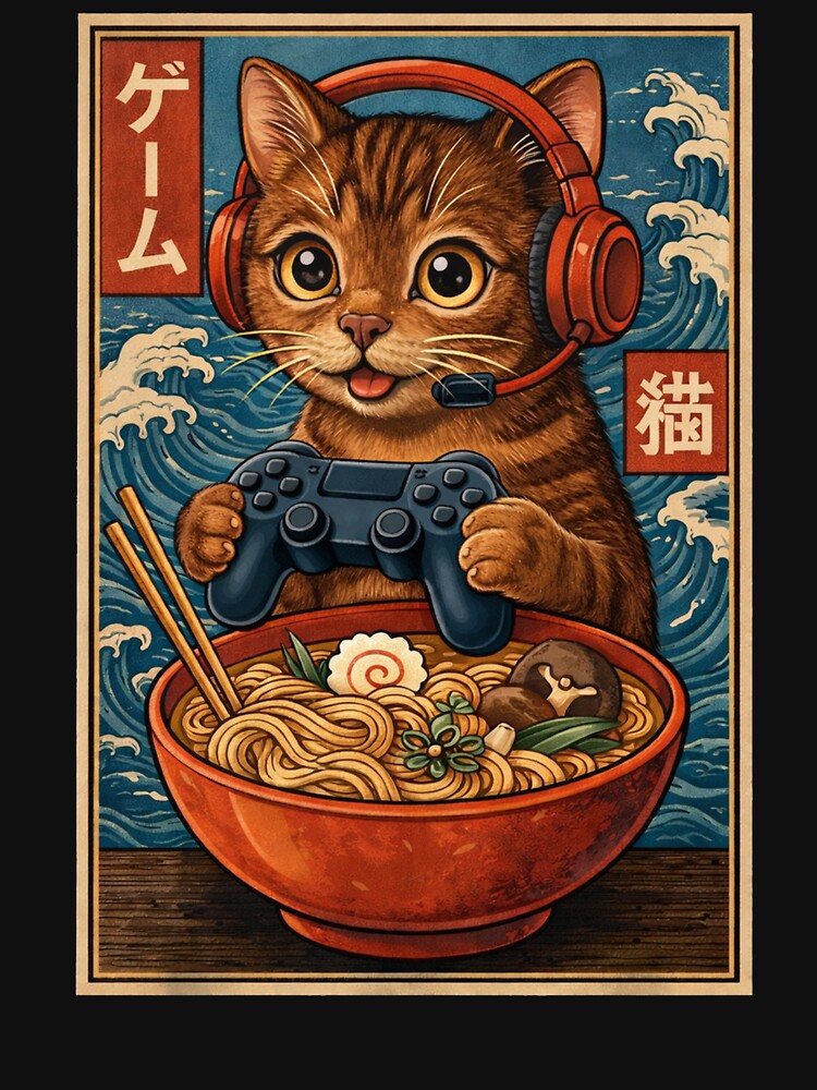 Cute Kawaii Gamer Cat Funny Ramen Retro Japanese Cat Gaming by Kladhadredo