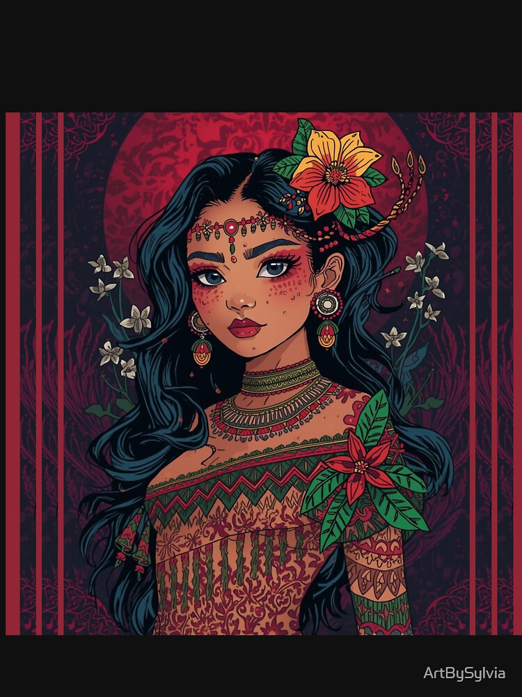 Boho Floral Anime Girl – Ethnic Fantasy Portrait | Colorful Bohemian Art by ArtBySylvia