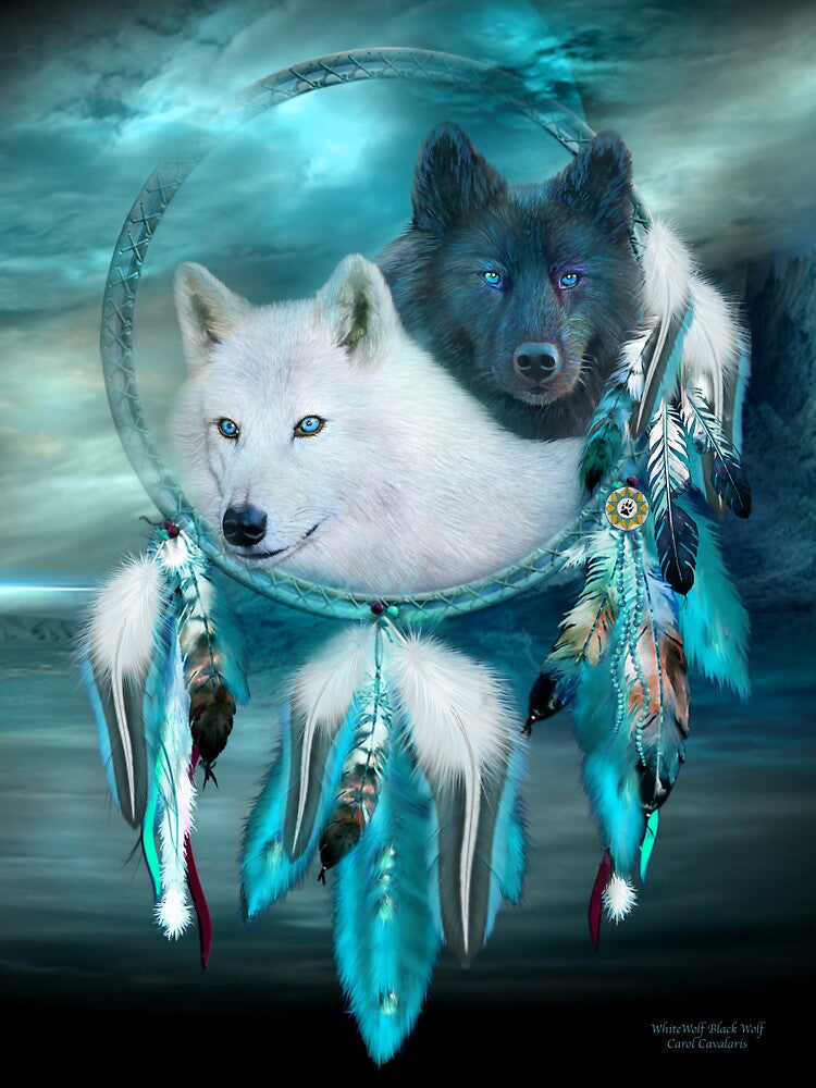 Dream Catcher White Wolf Black Wolf by Carol  Cavalaris