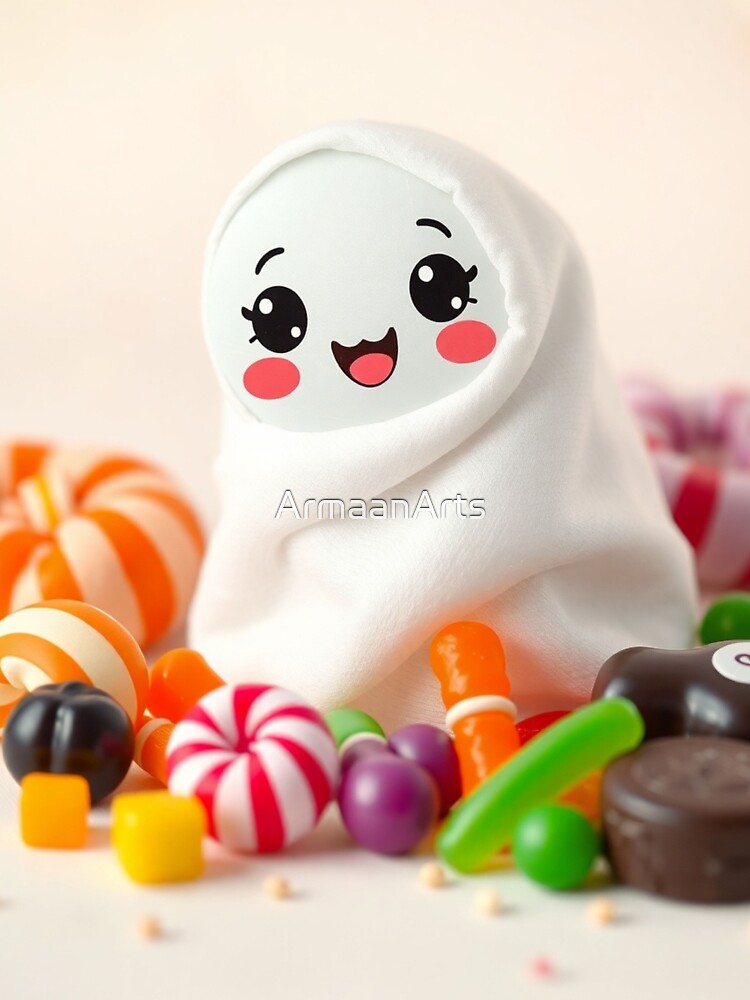 Adorable Ghost Surrounded by Candy | Sweet Kawaii Halloween Design by ArmaanArts