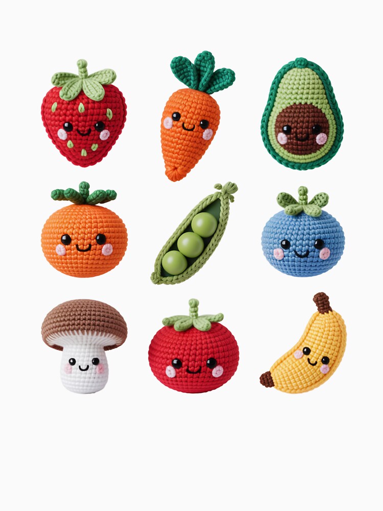 Kawaii Crochet Fruits and Vegetables Grid Design by NavigatorStreet