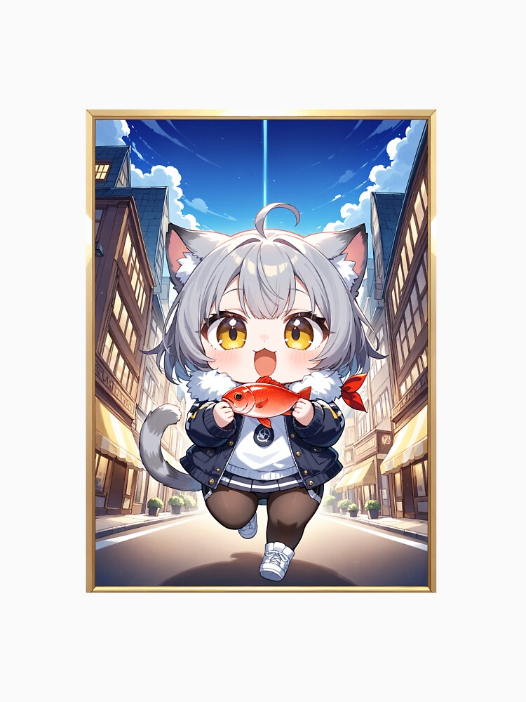 Thief Cat - Stolen Fish Runner, Cute Anime Chibi Grey Tabby Neko by WhisKerinK