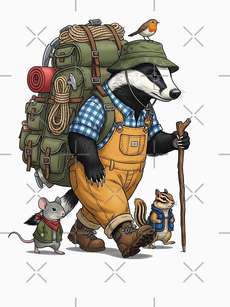 Adventurous Hiking Badger with Backpack and Mouse by TeeARTHY