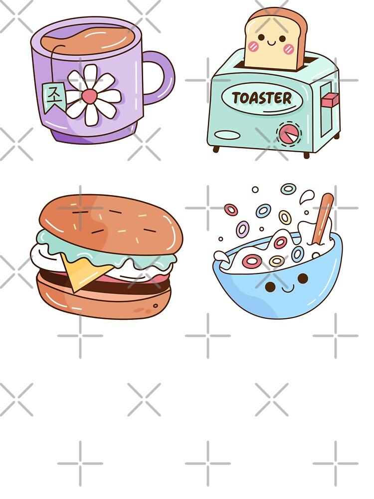 Perfect Breakfast Kawaii Illustration, Set of 4 Cute Kawaii Designs by OFMdesigns